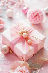 Charming pink and gold Valentine's Day greeting card with a beautiful gift box