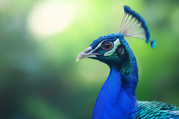 Naklejka premium a beautiful colorful peacock on a green, slightly blurred meadow in the background, generative AI
