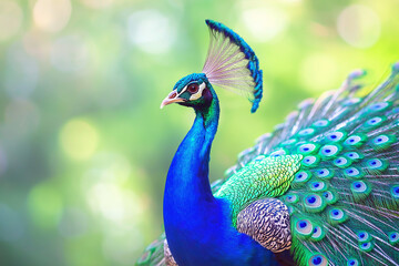 Fototapeta premium beautiful male peacock with a spread colorful tail of beautiful colorful peacock feathers against the background of green nature, generative AI