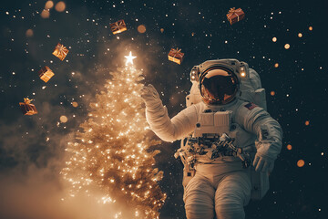 festive astronaut waves beside glowing Christmas tree in space, surrounded by floating gifts. This whimsical scene captures joy of holiday season in unique cosmic setting