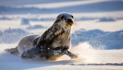 seal sliding across snowy arctic landscape