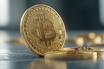 Golden Bitcoin Coins Stacked on a Reflective Surface, Showcasing the Allure of Cryptocurrency in Finance