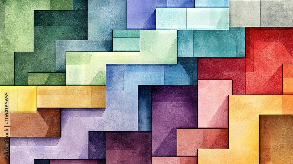 Poster a multi-colored abstract artwork with squares and rectangles in various sizes and hues against a whi