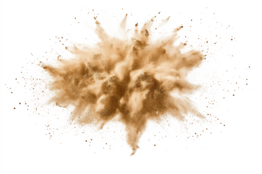 Brown powder explosion with dust and debris cloud. Central explosion creates drama and intensity. Flat 2D style with focus on explosion and surrounding dust. Transparent isolated background alpha mask