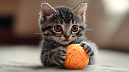  A playful kitten curiously playing with a colorful ball of yarn while sitting in a bright room.