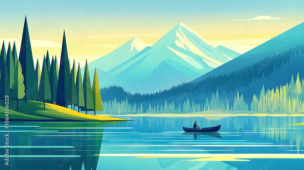 Poster a person in a boat on a lake with mountains in the background and trees in the foreground