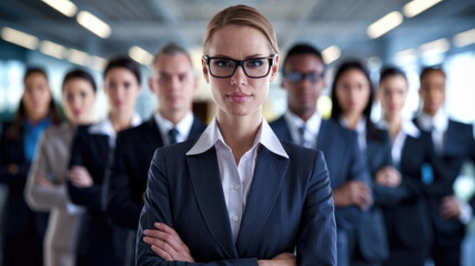 Obraz premium A group of people in suits and ties are standing together, with a woman in the center of the group