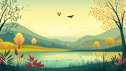   A lake with a bird flying overhead and distant mountains, surrounded by trees and grass