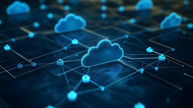 Abstract digital cloud computing network with glowing lines and nodes