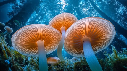 A cluster of glowing mushrooms in a mystical forest setting.