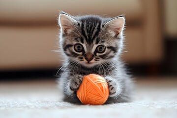  A playful kitten curiously playing with a colorful ball of yarn while sitting in a bright room.