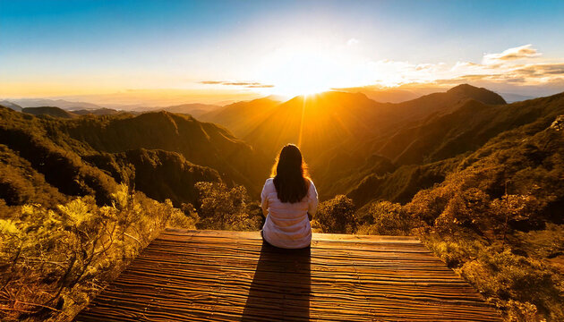 mujer sentada mirando el atardecer y las monta&ntilde;as en un ambiente calido