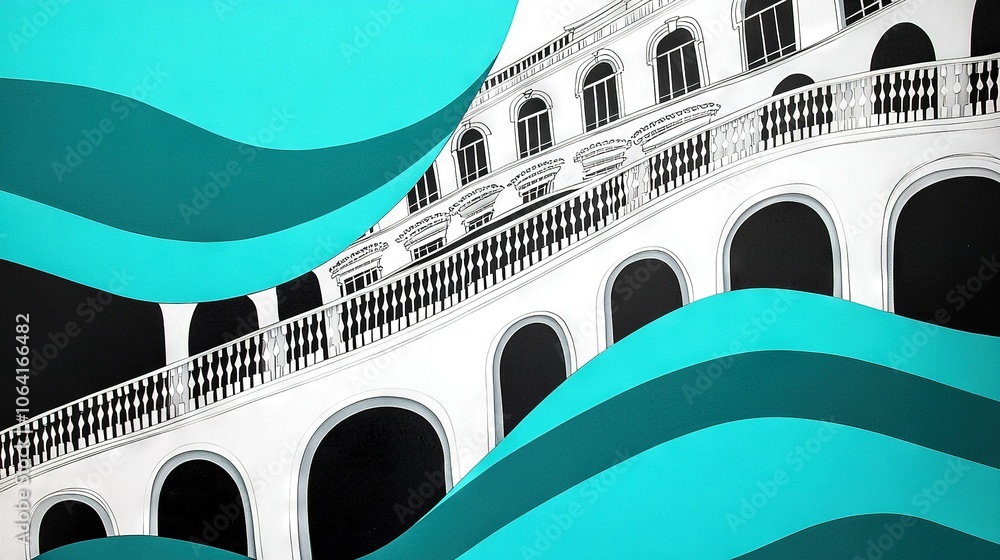 Poster a painting of a building with multiple balconies on top and bottom of each other, creating a layered