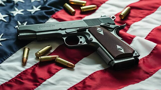 A handgun and several bullets are placed on top of an American flag