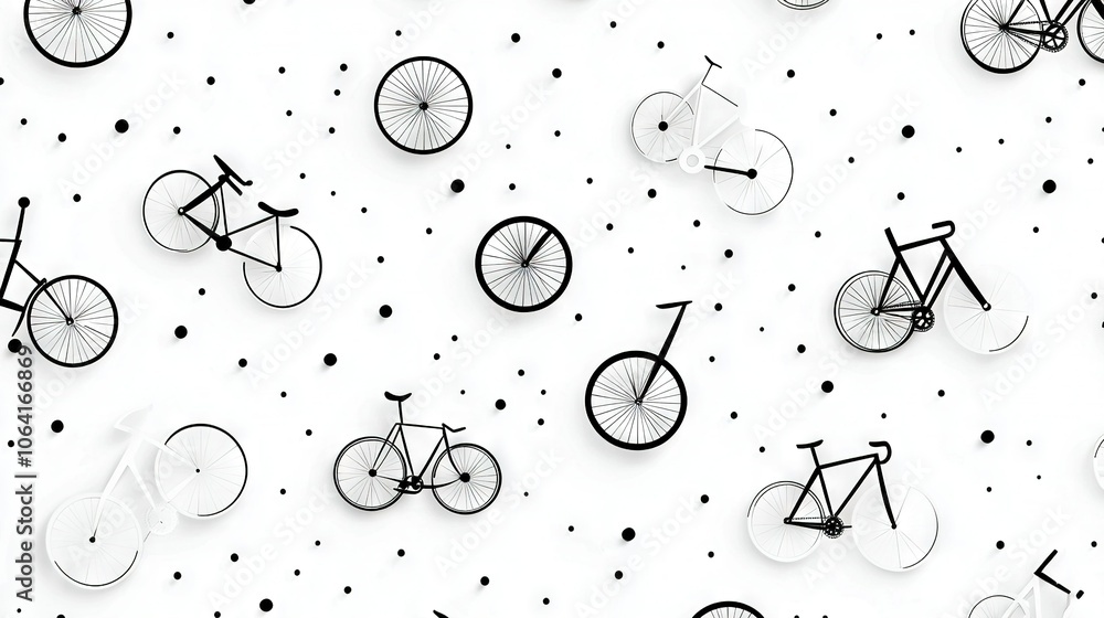 Poster a pattern of black and white circles on a white wall with several bikes in front of them, surrounded