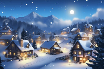 Fototapeta premium Snowy Winter Village at Night with Lit Houses and Snowy Pine Trees..