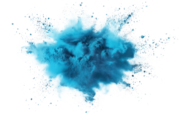 Vibrant blue paint explosion with scattered particles in directions. Central focus with stark isolated background. Cyan color powder splashes in motion, abstract design, art, paint, texture, grunge,