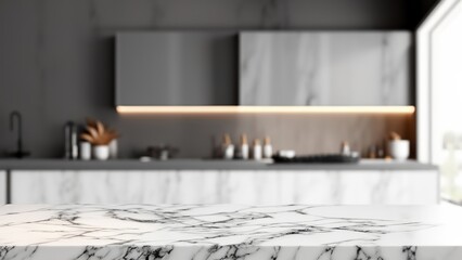 Closeup of a white marble countertop in a modern kitchen with a blurred background. (1)