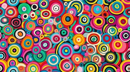   A vibrant painting of overlapping colored circles set against a soft pink backdrop, framed by a dark border