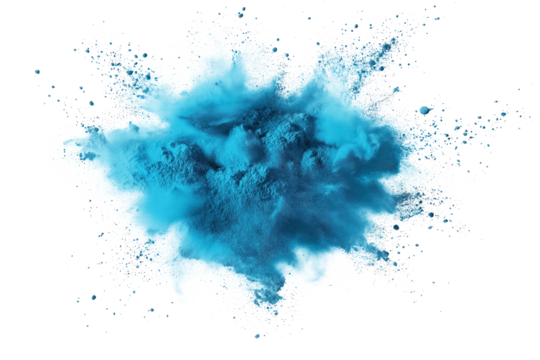Vibrant blue paint explosion with scattered particles in directions. Central focus with stark isolated background. Cyan color powder splashes in motion, abstract design, art, paint, texture, grunge,