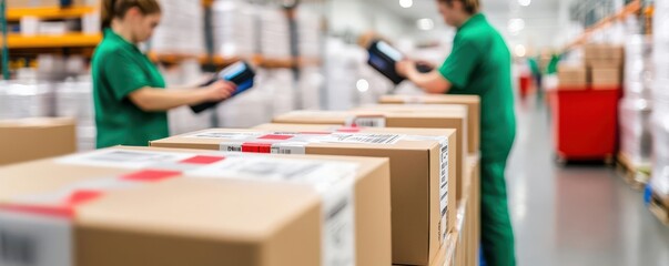Inventory labels being applied to products in a warehouse, workers using barcode scanners, soft lighting, high detail, organized workflow