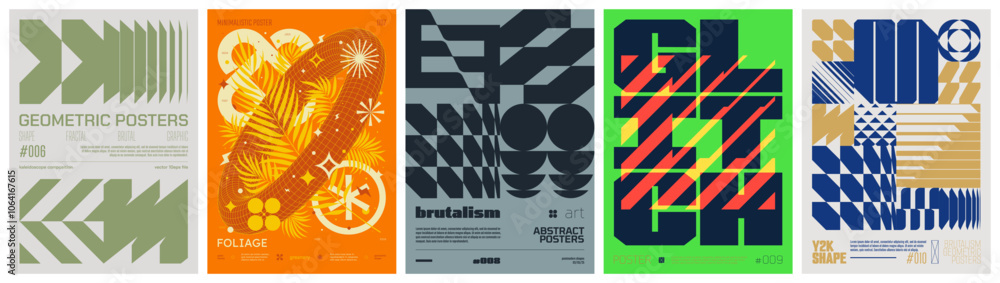 Poster set modern art colorful trendy poster, abstract geometric a4 composition graphic in y2k aesthetics, 