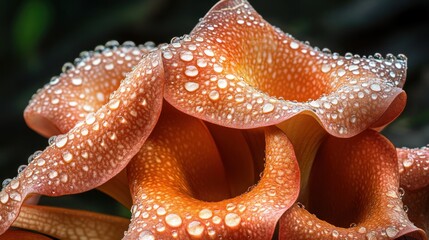 A close-up shot of an orange flower with dew drops on the petals.