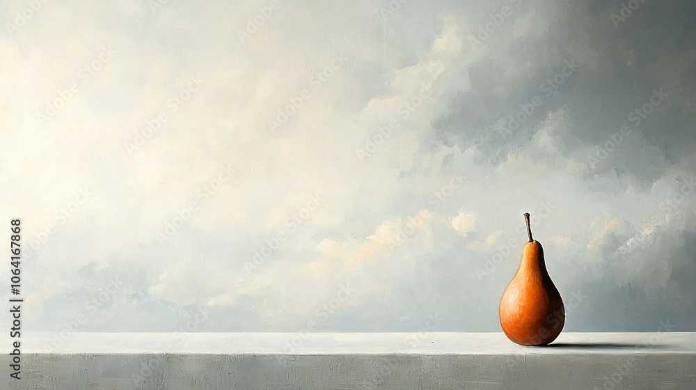Poster a painting of a pear resting on a ledge against a gray backdrop with white clouds above
