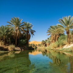 Obraz premium Hidden oasis with clear blue water and palm trees surrounded by desert dunes