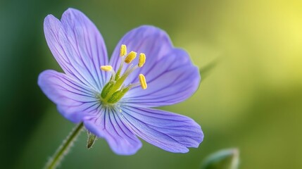 Fototapeta premium A single, delicate, purple flower with yellow pollen, captured in close-up against a soft green background.
