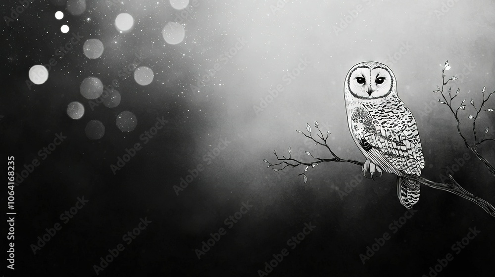 Poster a black-and-white image of an owl perched on a tree branch during a foggy night, featuring a soft bo