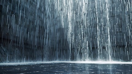 Falling raindrops isolated on black background. Falling water drops texture. Realistic rain with clouds and fog. 