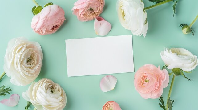 Soft pink and white flowers with blank card on pastel green background, romantic floral layout, delicate and minimalistic, spring-inspired design, gentle tones, copy space for text

