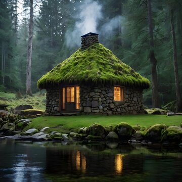 Una caba&ntilde;a de piedra en un denso bosque lluvioso con un techo de musgo y una chimenea junto a un lago