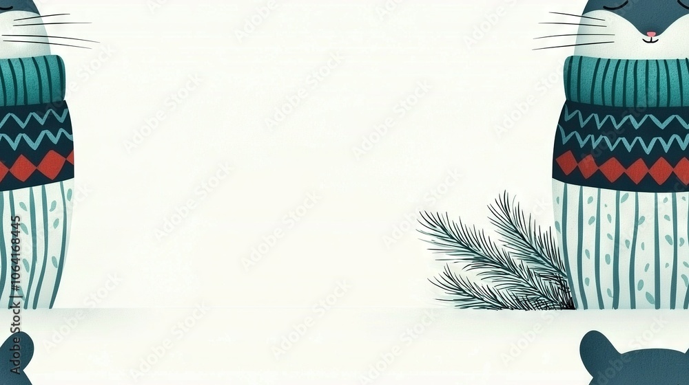 Poster a photo of a cat adorned in a sweater with a pine branch in the foreground, accompanied by another i