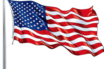 Obraz premium American flag in full swing, red and white stripes on gray background. Flag attached to pole, iconic stars and stripes visible. Balance and symmetry in central composition. Transparent isolated.