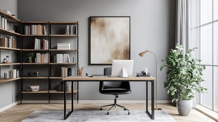Modern home office with wooden desk, black leather chair, bookshelves, and a large window.