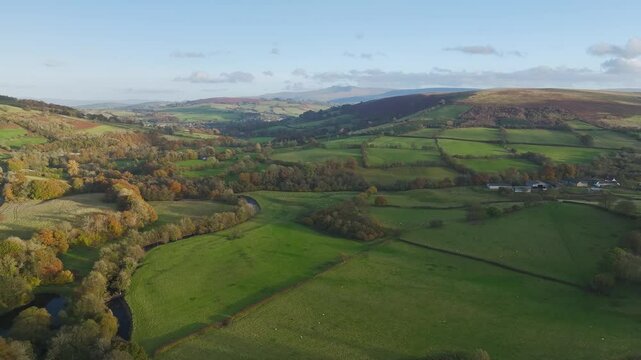 Farms over Trecastle from a drone at sunset, Brecon Beacons National Park, Powys, Wales, England
