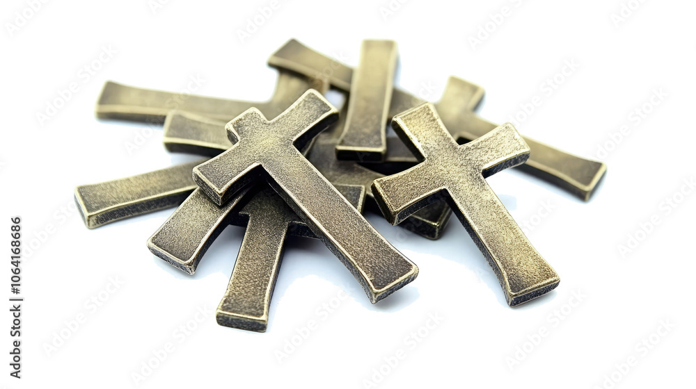 Poster collection of christian crosses cast in bronze on a white background generative ai