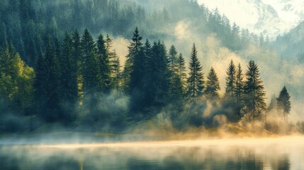 Misty morning sunrise over a serene lake with a dense pine forest on the shore.