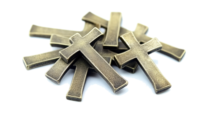 Collection of Christian Crosses Cast in Bronze on a White Background Generative AI