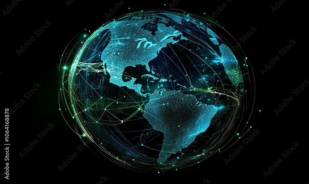 Poster a wide-angle view captures a globe formed from intricate digital lines and shapes, glowing with vibr