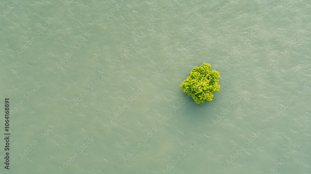 Poster a green object floats on a body of water surrounded by green trees in an oceanic setting