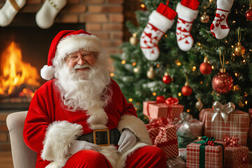 santa claus sitting by the christmas tree and fireplace with socks for gifts, generative AI
