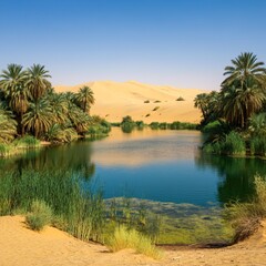 Obraz premium Hidden oasis with clear blue water and palm trees surrounded by desert dunes