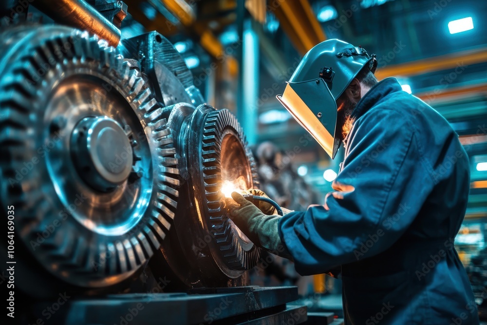 Poster worker using tools in industrial factory setting