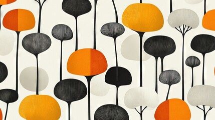 Fototapeta premium An orange, black, and white wallpaper with trees and leaves on a white wallpaper background