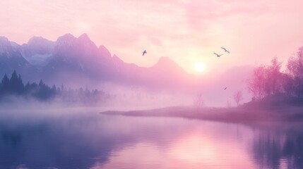 Fototapeta premium Serene mountain lake with pink sky, fog, trees, and birds.