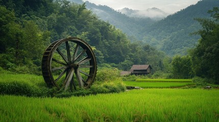 Fototapeta premium A large wooden water wheel stands in a lush green field, with a small wooden house and a misty mountain backdrop.