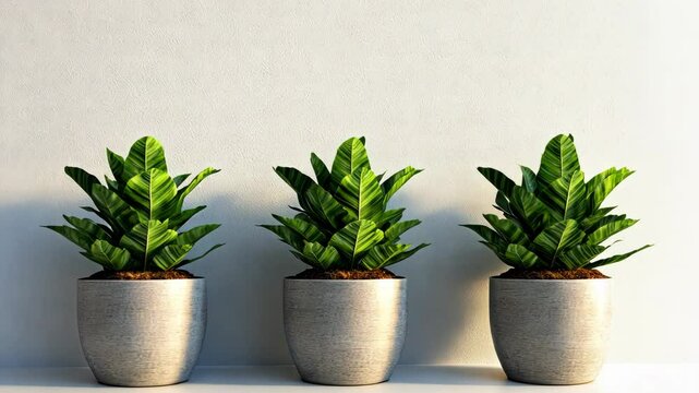 Three potted plants stand in a row against a white wall